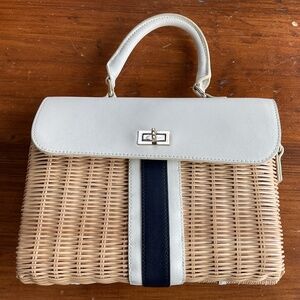 Talbots straw handbag with white and navy leather trim. 10 inch x 8 inch.